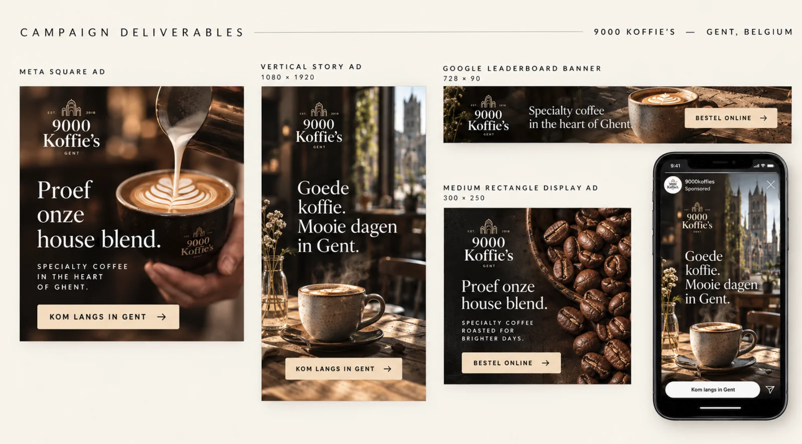 9000 Koffie’s — fictional campaign concept, Meta and Google ad visuals